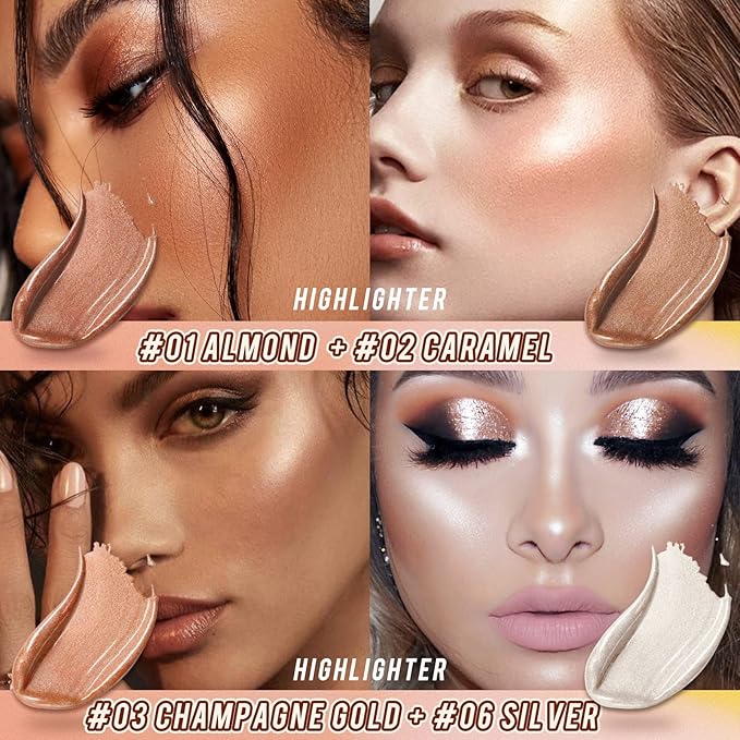 2 Pcs Cream Contour Stick Makeup Kit, Cream Highlighter Stick & Contour Bronzer Stick for Cheeks, Lightweight Blendable Smooth -Highlighter (#03 Champagne Gold #06 Silver)-VivaGrace Women