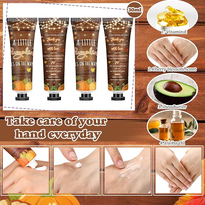 50 Sets 200 Pcs Baby Shower Hand Lotion and Lip Balm Gift Theme Baby Shower Party Favors Travel Size Hand Lotion and Lip Balm Bulk with Organza Bags Tags(Rustic Pumpkin)-VivaGrace Women