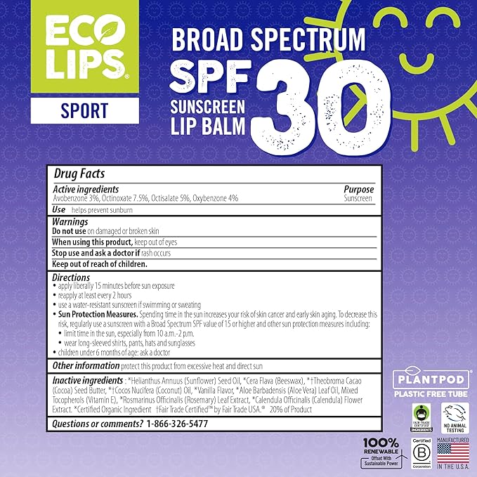 Eco Lips Classic Variety Broad Spectrum Sunscreen Lip Balm 6-Pack (Berry, Sport, Mint) - 100% Plastic-Free Plant Pod Packaging - Made in USA-VivaGrace Women