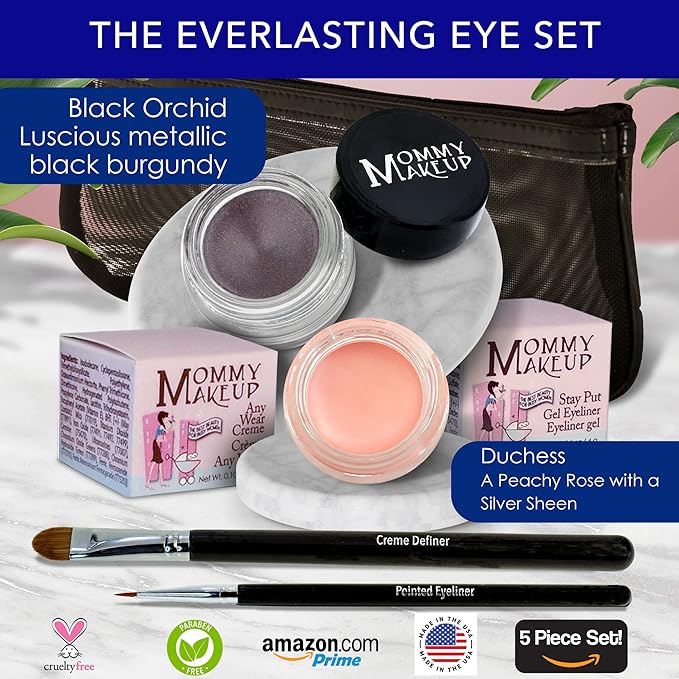 The Everlasting Eye 5 Piece Waterproof Makeup Set. Gel Eyeliner, Creme Eyeshadow, 2 brushes and Mesh Bag. Paraben-free, Talc-free, Cruelty-free. Duchess/Black Orchid 1708-VivaGrace Women