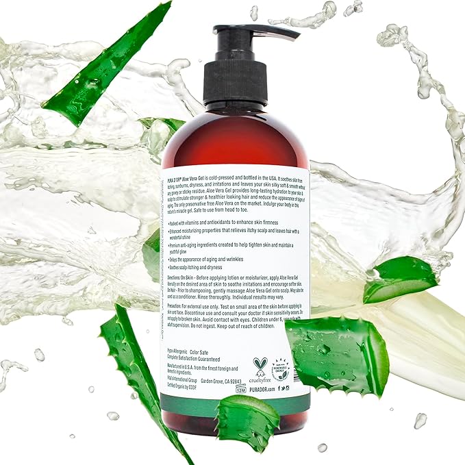 PURA D'OR 16 Oz ORGANIC Aloe Vera Gel - Unscented - All Natural - ZERO Artificial Preservatives - Deeply Hydrating & Moisturizing - Sunburn, Bug Bites, Rashes, Small Cuts, Eczema Relief - Skin & Hair-VivaGrace Women