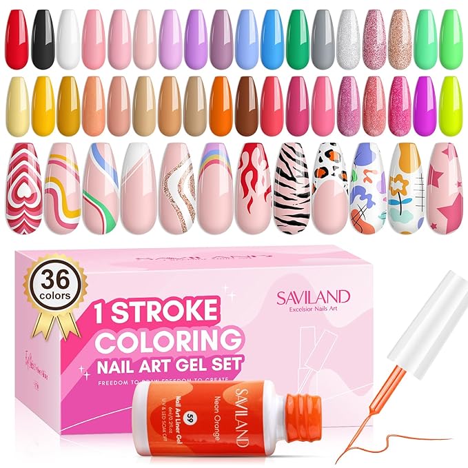 SAVILAND Nail Gel - 36 Colors Liner Set With Art Brushes, Soak Off Pen, Pink Polish for Salon DIY At Home, Beginner-Friendly Manicure Kit
