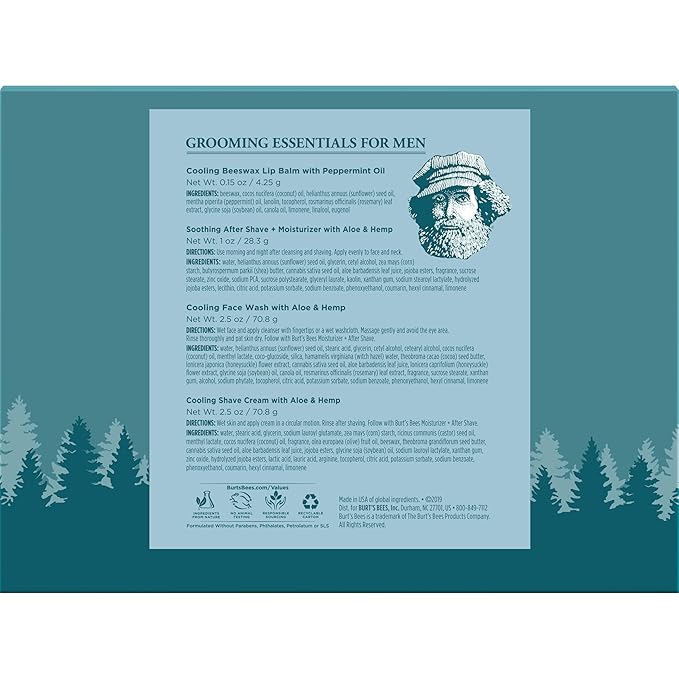 Burt's Bees Gifts Ideas - Grooming Essentials Kit, 4 Products for Men - Cooling Face Wash, Shave Cream, Soothing Moisturizer After Shave & Original Beeswax Lip Balm-VivaGrace Women