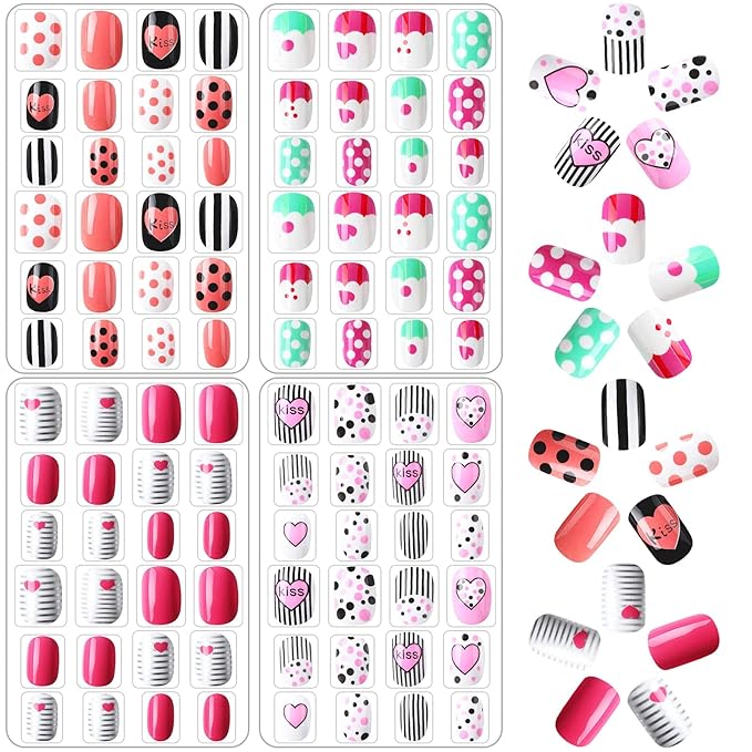 JANYUN 96 Pcs Children False Nails Valentine's Day Short Fake Stick on Nails Kit for Girls Stick on Nails