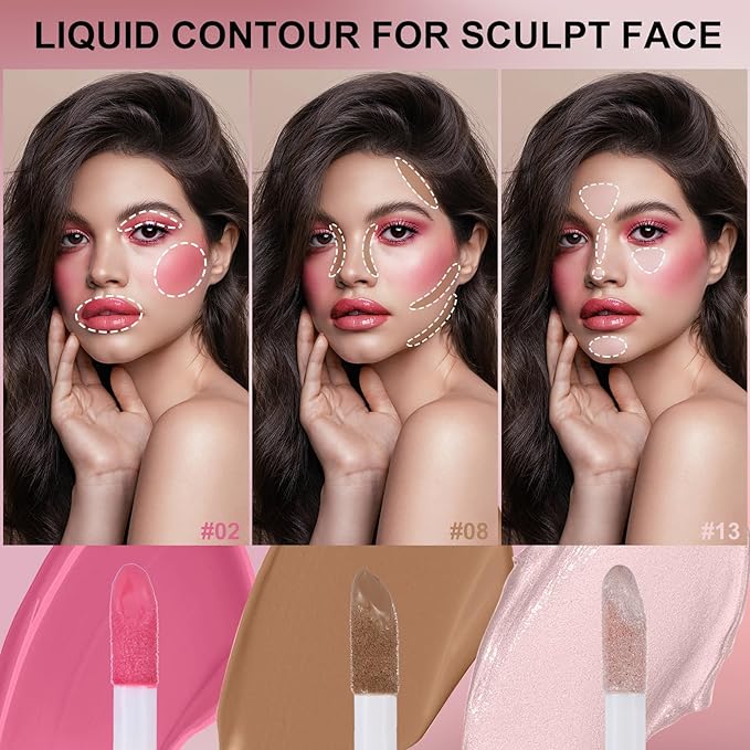 3Pcs Liquid Contour Makeup Trio with Bronzer Shade, Blush, Highlighter for Sculpted Makeup, Matte Finish Liquid Contour Set Easy to Create a Lightweight Look, Longwear Waterproof Formula (2, 8, 13)-VivaGrace Women
