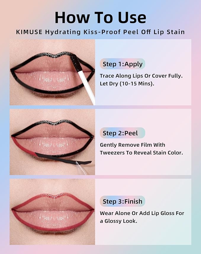 KIMUSE Lip Stain Peel Off, Peel Off Lip Liner Stain with Tweezer, Long Lasting, Waterproof, Transfer Proof Lipstains Color, Smudge-Free, Easy Removal, Matte Finish-VivaGrace Women