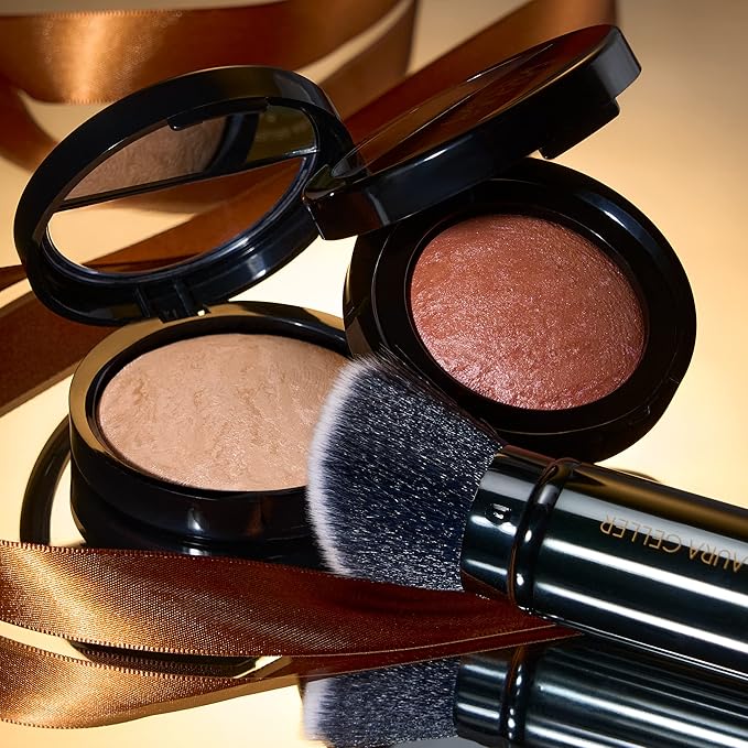 LAURA GELLER NEW YORK Baked Balance-N-Glow Illuminating Powder Foundation, Medium + Retractable Kabuki Brush + Baked Blush-N-Brighten, Pink Grapefruit-VivaGrace Women