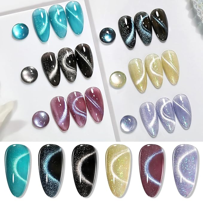 Born Pretty Cat Magnetic Eye Gel Nail Polish, 6 Colors 9D Magnetic Glitter Gel Polish Set Black Blue Purple Green Nail Polish Kit Soak Off LED Nail Art DIY Salon Gift-VivaGrace Women