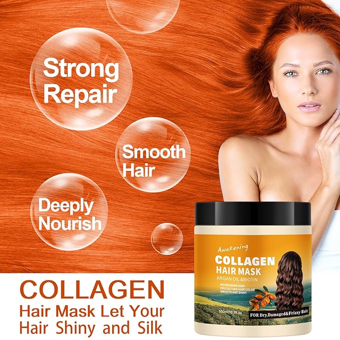 Hair Mask Deep Treatment Conditioner Collagen Protein Argan Oil Biotin Repair For Dry Damaged Frizzy Curly All Hair Types(16.9 Fl Oz/500ml) (collagen)-VivaGrace Women