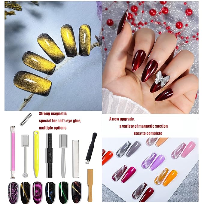 JERCLITY 9 Pieces Nail Magnet Tool Set Double-Head Flower Design Nail Magnet Pens Magnet Stick 3D Magnetic Cat Eye Gel Polish Nail Art for UV Gel Line Strip Multi-Function Magnet Board Nail Art Tool