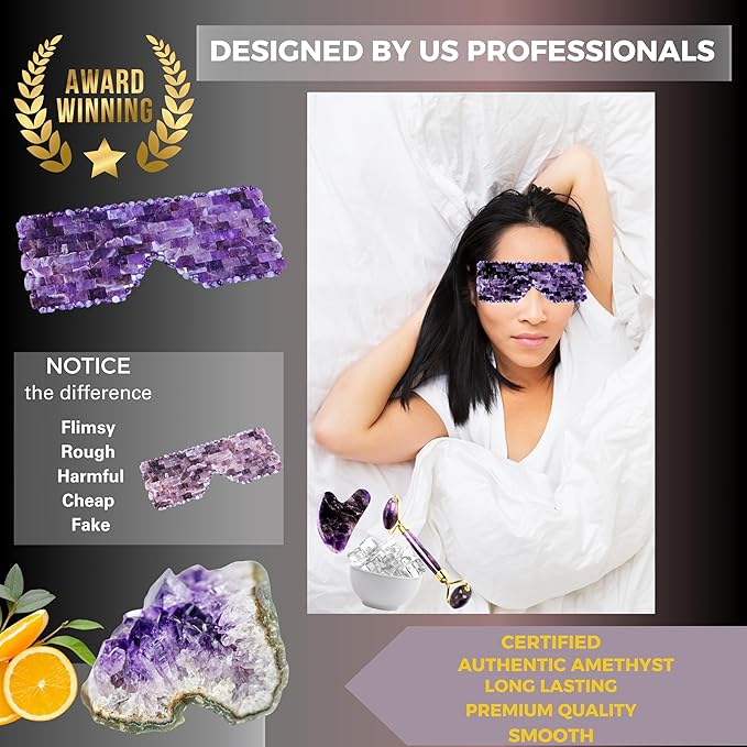100% Authentic Amethyst Mother's day Gift Set Amethyst Eye Mask Amethyst Jade Roller & Gua Sha Set Facial Mask Instant Puffiness promote relaxation and relief stress.-VivaGrace Women