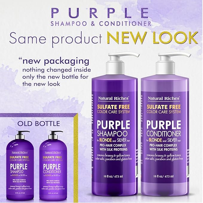 Natural Riches Purple Shampoo and Conditioner Set Sulfate Free Salon Grade for Silver Blonde Platinum Hair. Removes Yellow & Brass tones. Grey Highlighted Hair 16x2 fl oz-VivaGrace Women