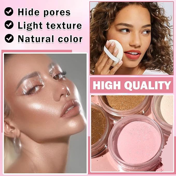 Oil Control Loose Powder Makeup Pink Translucent Setting Powder Shimmer Long Lasting Lightweight Polvo Traslucido Maquillaje Para Mujer Face Powder Makeup - 02 Pink Shimmer-VivaGrace Women