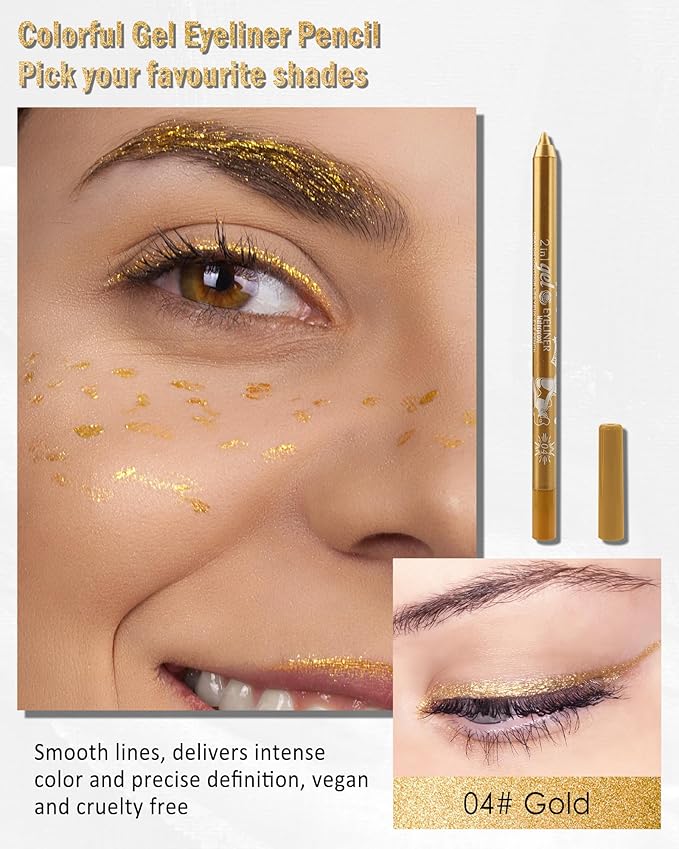 Gold Shimmer Eyeliner Pencil Gel, Sharpenable Multi-Use Longwear Colored Eye Liner Pen, Waterproof Smudge Resistant, Smooth Cream Eye Brightener Pencil Makeup Pen with Sharpener, Delineador De Ojos-04