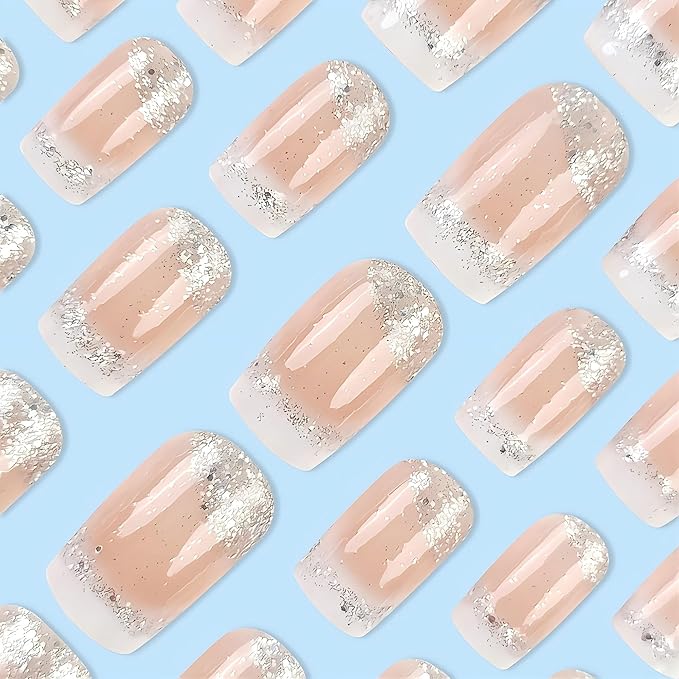 Press on Nails White French Tip Fake Nails Square Medium Length False Nails with Silver Glitter Designs Ombre Glossy Artificial Nails Acrylic Glue on Nails Natural Stick on Nails for Women
