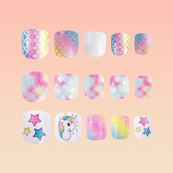 Kids Press on Nails Children Fake Nails 72PCS Artificial Nail Tips Adhesive Full Cover Short False Fingernails for Girls Kids Nail Decoration (Mermaid Unicorn)