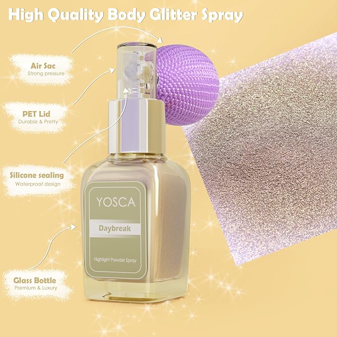 Highlighter Powder Spray, 20ML Cosmetic Grade High Gloss Body Shimmer Powder Fairy Dust Highlighter Sparkle Face Makeup Setting Magic Diamond Glitter Spray Shimmer Face Body Skin Hair Clothes-VivaGrace Women
