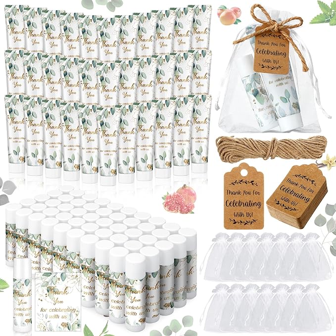 200 Pcs Baby Shower Wedding Party Favors Gift Set, 50 Pcs Baby Shower Hand Cream and 50 Lip Balm for Wedding Bridesmaid Guests Gift Supplies with 50 Organza Bag 50 Thank You Tag(Eucalyptus)-VivaGrace Women