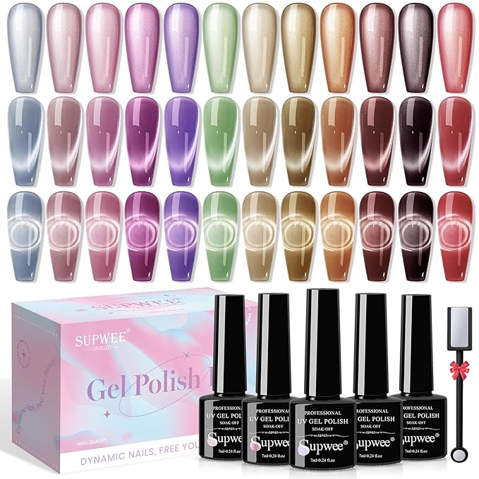 Magnetic Gel Nail Polish - 12 Colors Moonlight Cat Eye Gel Nail Polish with Magnetic Stick Cateye Gel Polish Soak Off UV LED Nail Lamp Nail Art Manicure Salon Valentine's Day Gift for Women