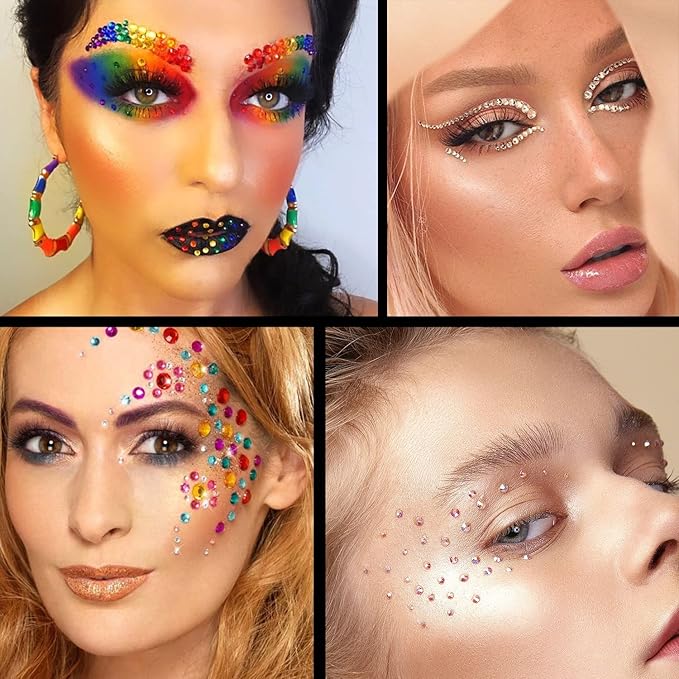 Flat Back Rhinestone Kits Colorful Rhinestones+Crystal AB&Transparent White Face Gems with Quick Dry Makeup Glue+Picker Pencil+Tweezer for Face Makeup and Nail Art-VivaGrace Women