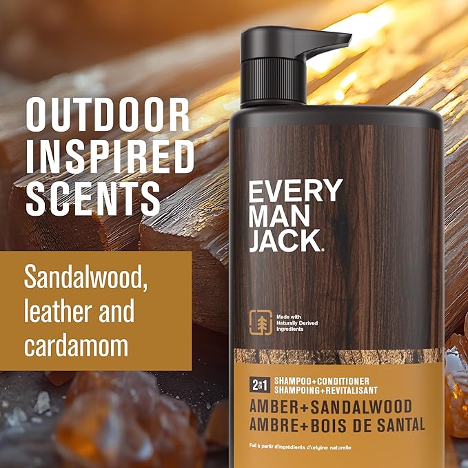 Every Man Jack 2-in-1 Daily Shampoo + Conditioner - Amber + Sandalwood | Nourishing For All Hair Types, Naturally Derived, Cruelty-Free Shampoo and Conditioner Set for Men | 24oz -1 Bottle-VivaGrace Women