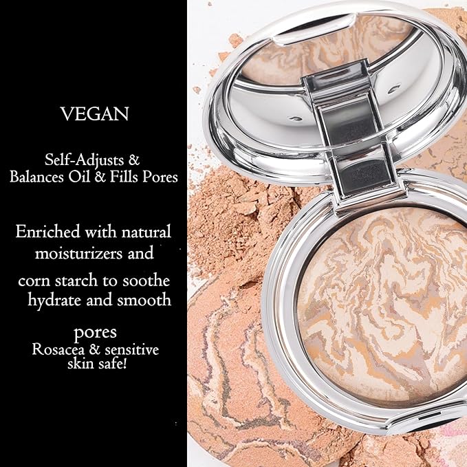 Marbleized Baked Foundation Makeup, Balance and Brighten Color Correcting Powder Foundation - Buildable Light to Medium Coverage - Demi-Matte Natural Finish (#001 FAIR, 0.32 Oz)-VivaGrace Women