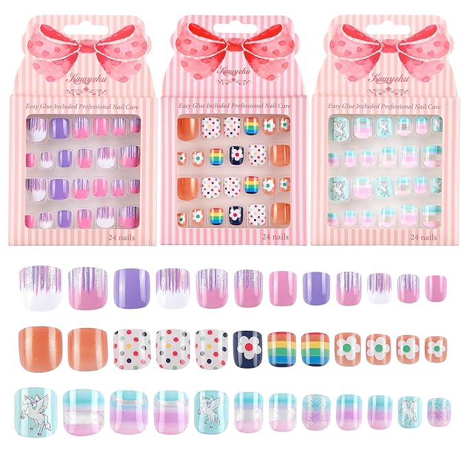 Kids Press on Nails Children Fake Nails 72PCS Artificial Nail Tips Adhesive Full Cover Short False Fingernails for Girls Kids Nail Decoration (Colorful Polka Dots)