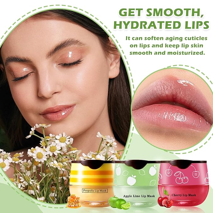 Honey Pot Lip Balm,3PCS Bee Lip Balm Honey Pot Cherry Apple Lip Scrub,Fade Lip Lines Lip Mask Overnight Prevention Dry and Cracked Lip Sleeping Mask (Honey+Apple+Cherry)-VivaGrace Women