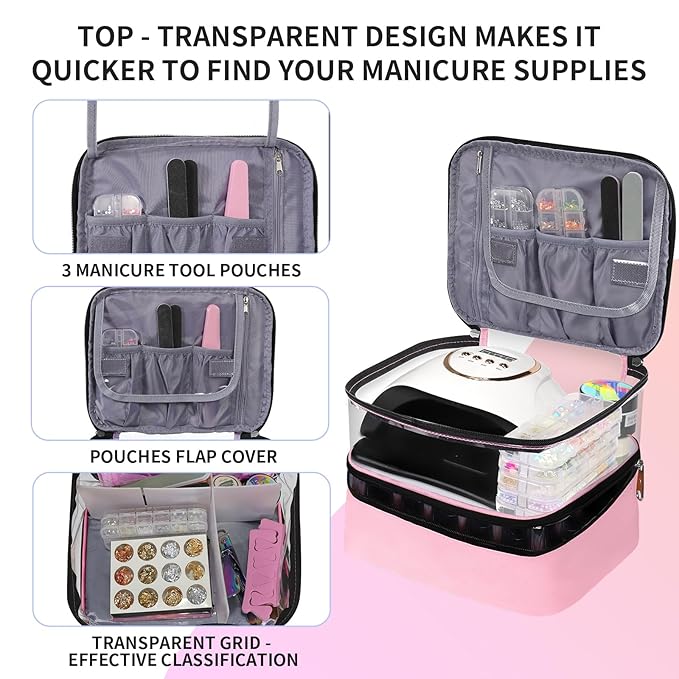 Clear Nail Polish Organizer Double layer Nail Polish Holds 30 Bottles and Nail Lamp, Nail Dryer Case Storage Supplies with Adjustable Dividers, Portable Nail Carrying Bag for Nail Tech (Pink)