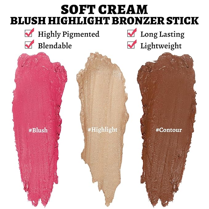 3Pcs Multi-Use Face Makeup Sticks Sets, Blendable Cream Blush Stick For Cheeks Lips, Highlighter Contour Shading Sticks Moisturizer Make Up Sets For Women (01)-VivaGrace Women