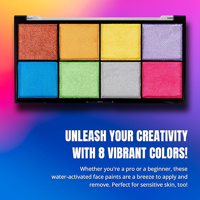 Professional Face Painting Kit - Skin Friendly Face Paint Kit - Cruelty-Free & Vegan Water Based Face Paint Makeup for Theatre, SFX and Halloween- 8 Colors 5g Each - Splashes & Spills (Pearly Colors)-VivaGrace Women