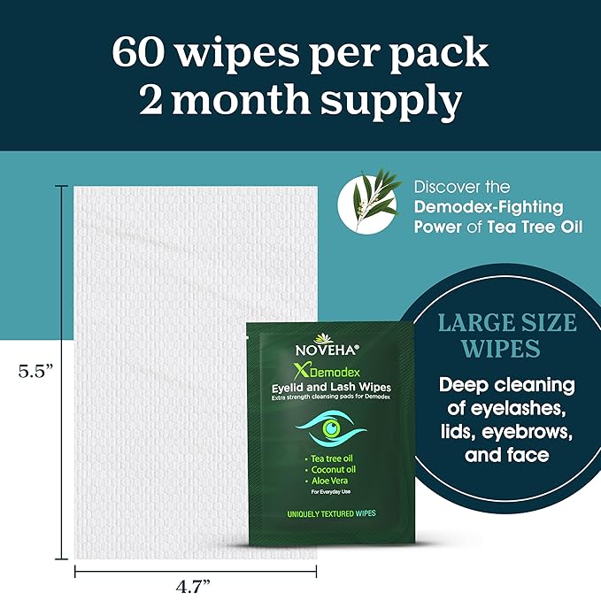 NOVEHA Demodex Eyelid & Lash Wipes | Box Of 60 Individually Wrapped Extra Strength Cleansing Eyelash Wipes - Battle Itchy & Irritated Eyes associated with Demodex Mites, Naturally Remove debris