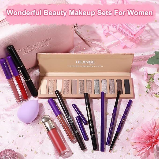 UCANE All In One Makeup Sets For Women, Naked Eyeshadow, Lipsticks, Lipgloss, Mascara, Eyeliner, Eyebrow Pencil, Liquid Blush, Cosmetic Bag, Beauty Gift Kit For Teens-VivaGrace Women