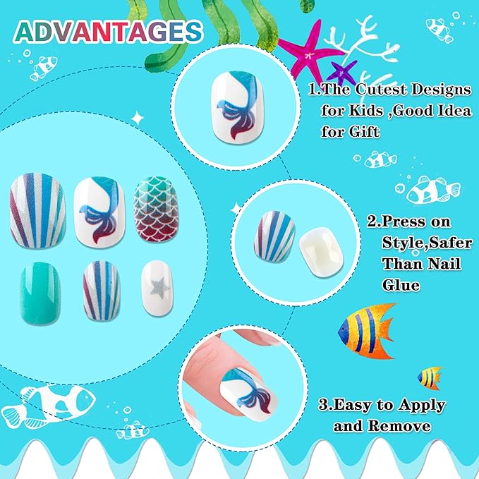 JANYUN 96 Pcs Kids False Nails - Press On, Full Cover, Short Nails in Blue Theme for Little Girls' Nail Art Decoration