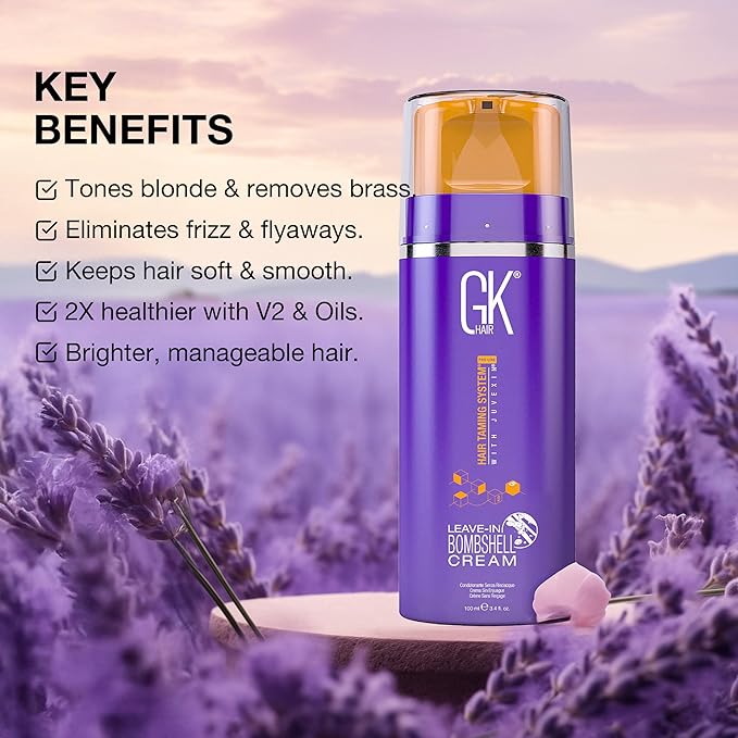 GK HAIR Global Keratin Leave In Bombshell Purple Cream (3.4 Fl Oz/100ml) Conditioning Smoothing Moisturizing Hydrating Frizz Control for Blonde Damaged Hair Removes Yellow Brassy Tones Flyaways-VivaGrace Women