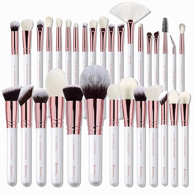 Pro makeup Artist Brushes Set 32Pcs Luxury Goat Hair Horse hair Makeup Brush Set eye and face brushes for every possibility By Bueart Design (Pearl White)-VivaGrace Women