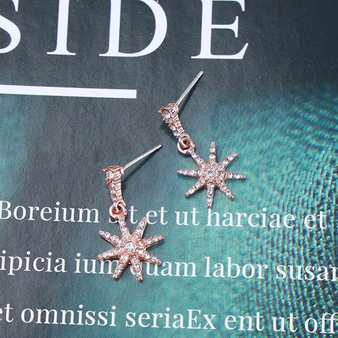 Boho Crystal Sunburst Earrings Rose Gold Star Drop Stud Earrings Cz Paved Starbust Earrings Celestial Earrings Jewelry for Women and Girls-VivaGrace Women