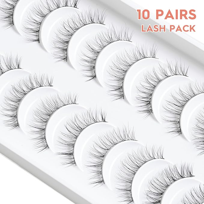 Natural Lashes Wispy False Eyelashes 10mm Short Lashes 3D Volume Strip Lashes Fake Eyelashes Siligli Lashes Thin Band Curly Eye Lashes Pack 10 pair-VivaGrace Women