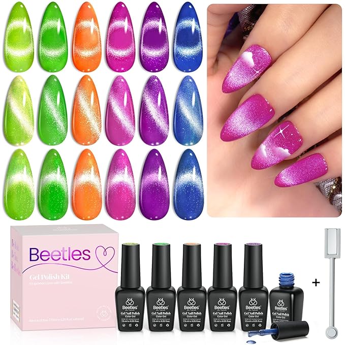Beetles Cat Eye Gel Nail Polish Set, 6 Colors Summer Neon Holographic Glitter Gel Polish Kit Hot Pink Orange Purple Blue Green Magnetic Nail Polish Soak Off UV French Nail Art Gift for Women-VivaGrace Women