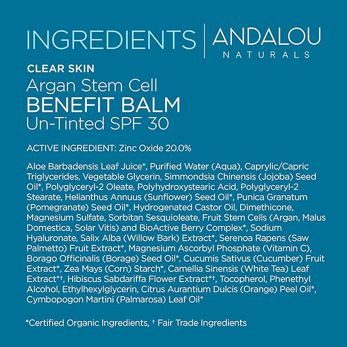 Andalou Naturals CLEAR SKIN Argan Stem Cell BB Benefit Balm, Un-Tinted SPF 30, 2-in-1 BB Cream & Face Sunscreen with Broad Spectrum Protection, Mineral Sunscreen for Oily Skin, 2 Fl Oz-VivaGrace Women