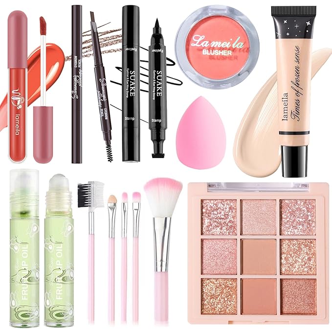 Makeup Set for Girls Teens Women, Makeup Present Set, Makeup Kit, Includes Eyeshadow Palette, Foundation, Blusher, Eyebrow Pencil, Eyeliner, Lip Gloss, Lip Oil, Makeup Brushes & Sponge-VivaGrace Women