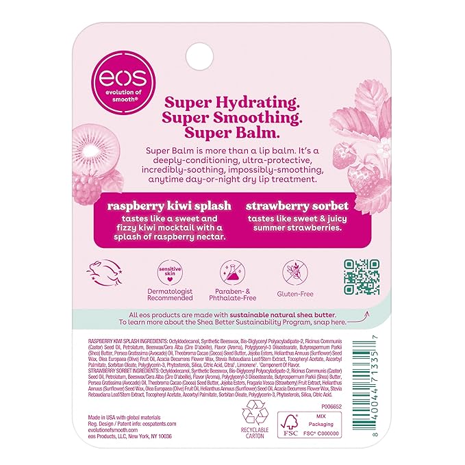 eos 24H Moisture Super Balm- Raspberry Kiwi Splash & Strawberry Sorbet, Lip Mask, Day or Night Lip Treatment, Made for Sensitive Skin, 0.35 fl oz, 2-Pack-VivaGrace Women