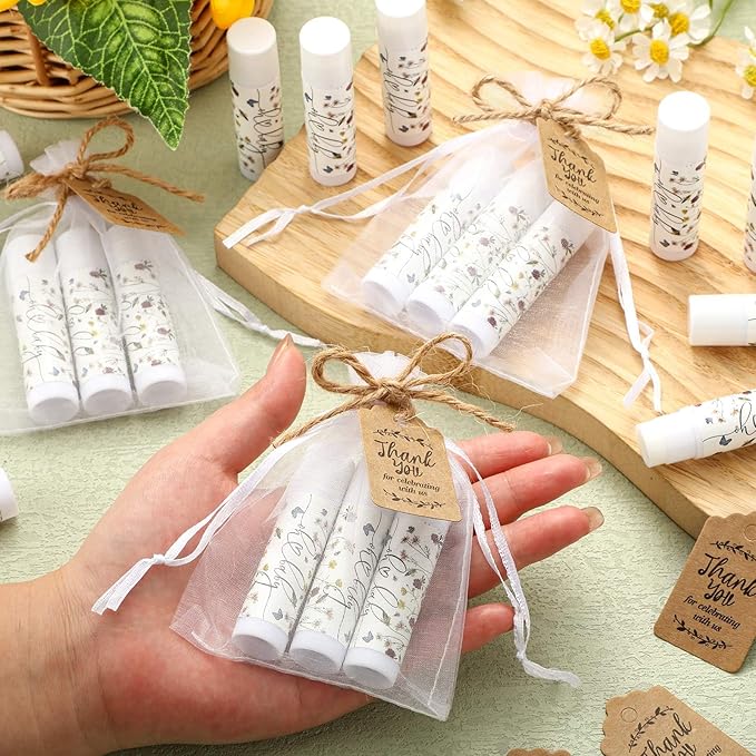 Demissle 50 Pcs Baby Shower Lip Balm Gift Set with 100 Pcs Organza Bags Baby Shower Party Favor for Guest Thank You Tag Rope Baby Shower Party Decoration Gender Reveal Souvenirs(Purple Flower)-VivaGrace Women