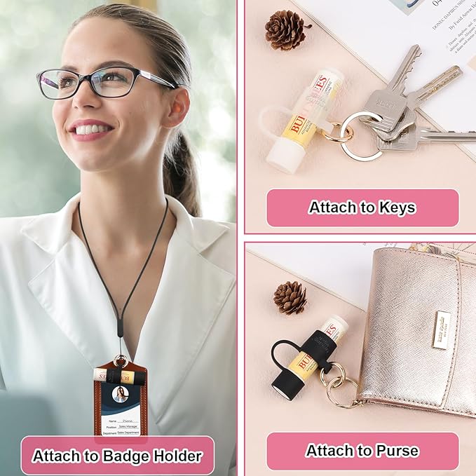 Desing Wish Silicone Lip Balm Holder with Cap Cover Portable Chapstick Holder Keychain Sleeve Lip Balm Key Chain with Key Ring and Neck Strap Lanyard - Black-VivaGrace Women