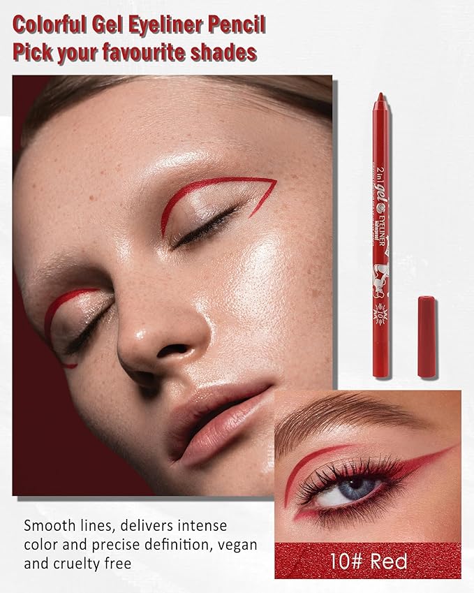 Red Eyeliner Pencil Gel, Sharpenable Multi-Use Colored Eyeliner Waterline Waterproof Smudge-Proof Long Stay, Easy-Glide, High Pigment Shimmer Cream Eye Liner Pen with Sharpener,Vegan & Cruelty Free-10