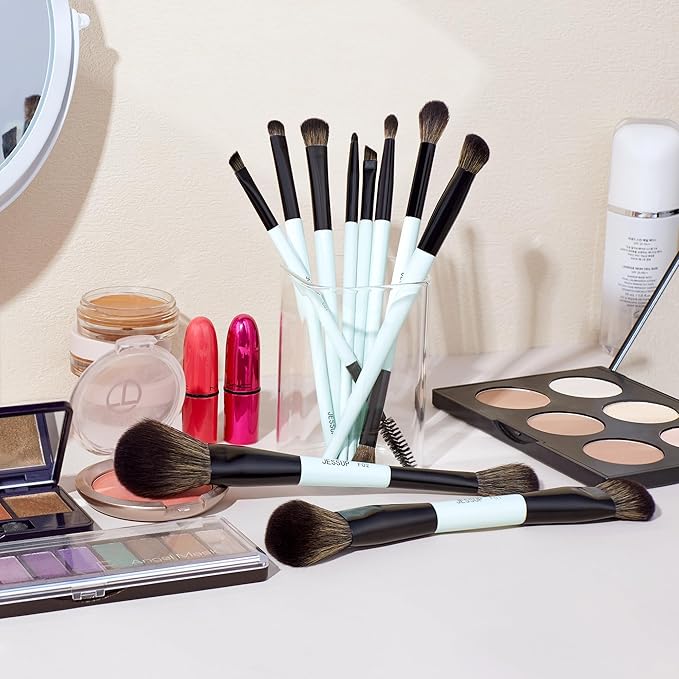 Jessup Makeup Brushes Set 10pcs, Double Sided Foundation Contour Blush Highlight Blending Eyebrow Brush Eyeshadow Eyeliner Concealer Brush, Bright Cyan Cruelty Free Cosmetic Tools T500-VivaGrace Women