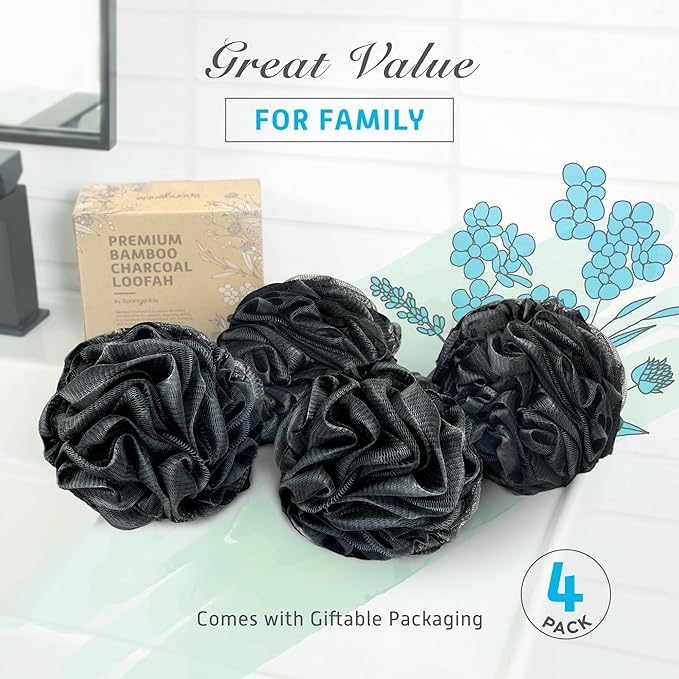 Spongentle Charcoal Bamboo Premium Deep Cleansing Loofah Sponge for Radiant Skin, Pack of 4, Bath and Shower, Exfoliating Body Scrubber, Beautiful Colors for Women and Men-VivaGrace Women