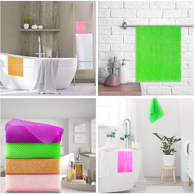 UJFQBH 4 Pieces African Net Sponge African Net Long Net Bath Sponge Exfoliating Shower Body Scrubber Back Scrubber Skin Smoother,Great for Daily Use (Purple, Orange, Green, Pink)-VivaGrace Women