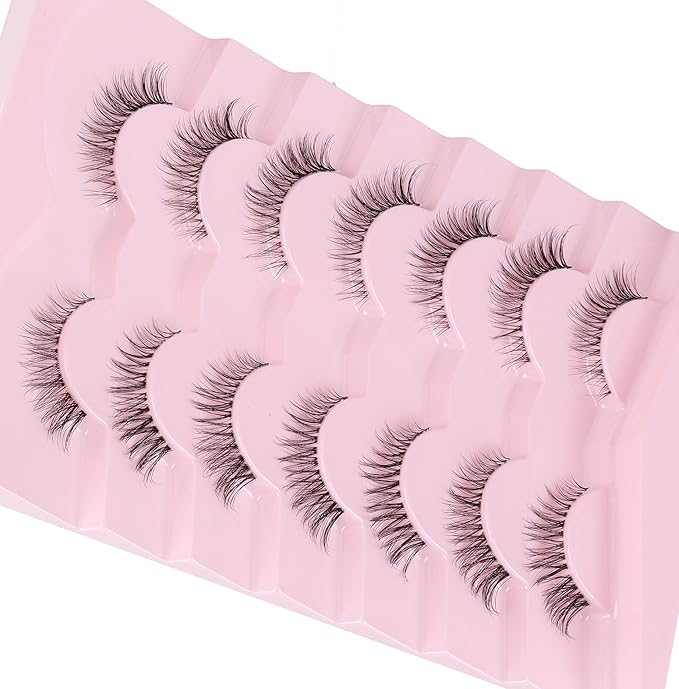 Cat Eyelashes Natural Eye Lashes 12mm False Lashes Wispy Thin Band 3D Volume Fake Eyelash C Curl Lash Pack Natural Look 7 Pair-VivaGrace Women