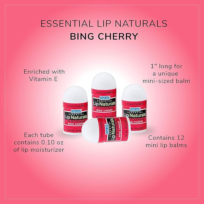 Lip Naturals® | Mini Cherry Lip Balm with Sunscreen (SPF-15) | Made in USA with Beeswax & Coconut Oil | 12-Count Mini Lip Balm Pack with Bing Cherry Flavor (0.10oz/3g Each)-VivaGrace Women